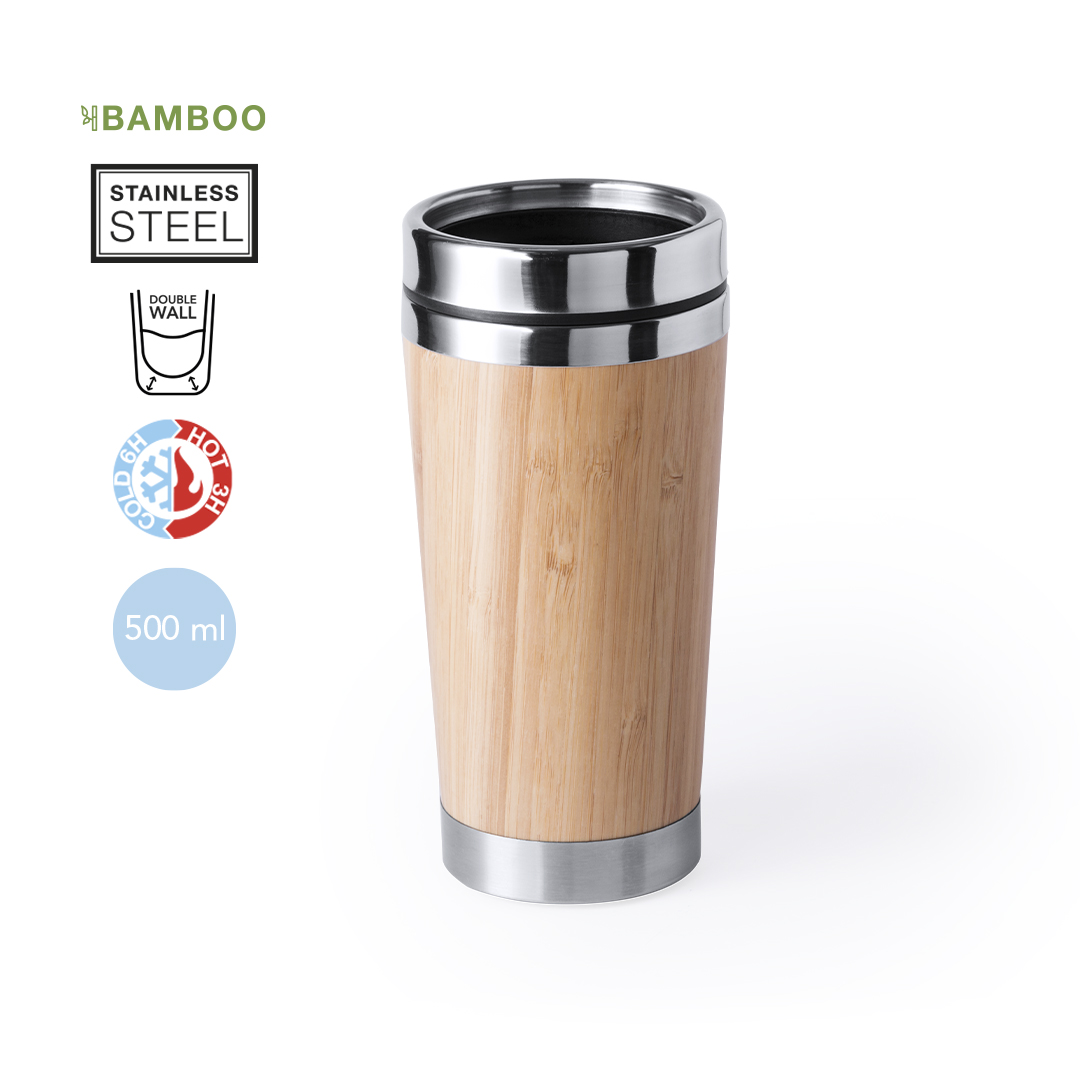 Copo em aço inox e madeira de bambu de 500ml